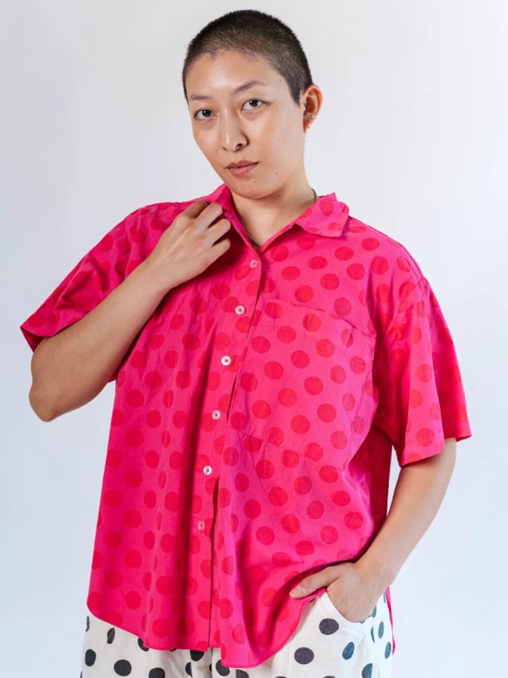 Sour Cherry Dot Tulip Top - bright pink button down short sleeve - Picture 5 of 6
